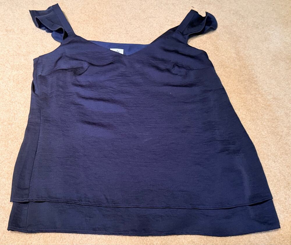 Cabi Handy Cami Top Womens Size XS Navy Blue Ruffle Strap Layered Satin Blouse
